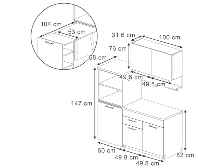 Vicco Egbert SingleKüche Greige 160 cm mit Ausziehbarem Tisch mit LED-LeistenEgbert ohne E-Geräte