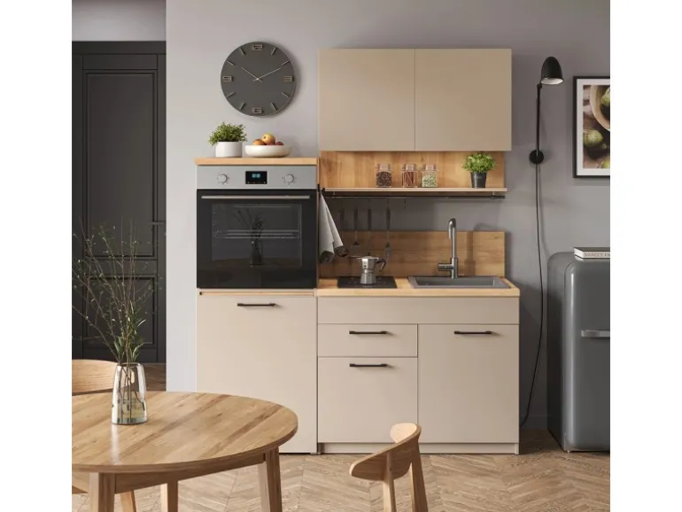 Vicco Egbert SingleKüche Greige 160 cm mit Ausziehbarem Tisch mit LED-LeistenEgbert ohne E-Geräte