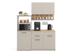 Vicco Egbert SingleKüche Greige 160 cm mit Ausziehbarem Tisch mit LED-LeistenEgbert ohne E-Geräte