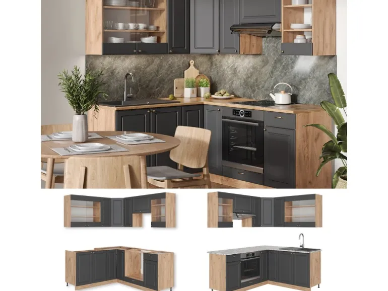 Vicco Fame-Line Eckküche Anthrazit Landhaus/Goldkraft Eiche 160 x 190 cm AP Eiche ohne E-Geräte