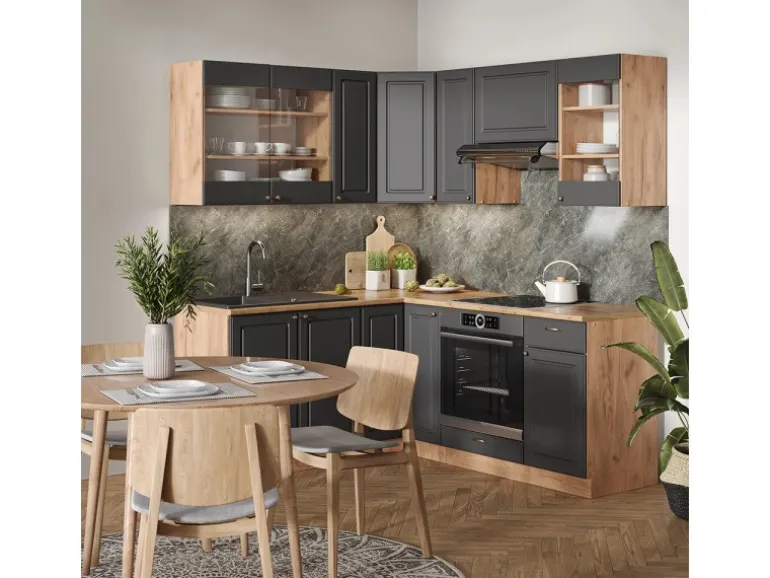Vicco Fame-Line Eckküche Anthrazit Landhaus/Goldkraft Eiche 160 x 190 cm AP Eiche ohne E-Geräte