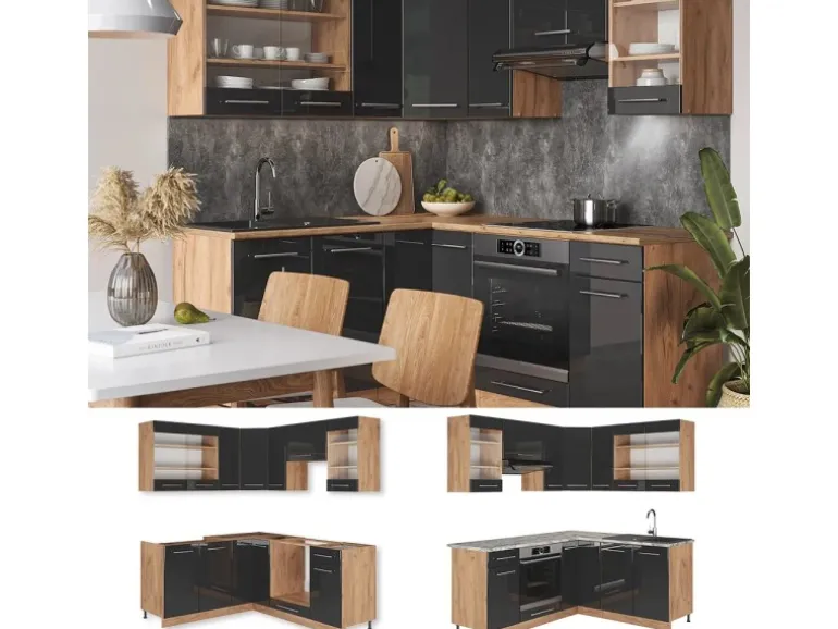 Vicco Fame-Line Eckküche Anthrazit Hochglanz/Goldkraft Eiche 160 x 190 cm AP Eiche ohne E-Geräte
