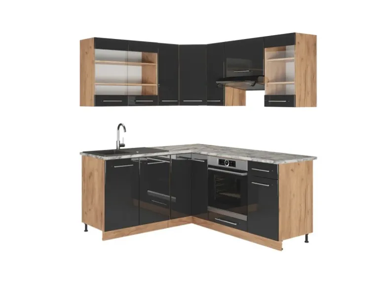 Vicco Fame-Line Eckküche Anthrazit Hochglanz/Goldkraft Eiche 160 x 190 cm AP Marmor ohne E-Geräte