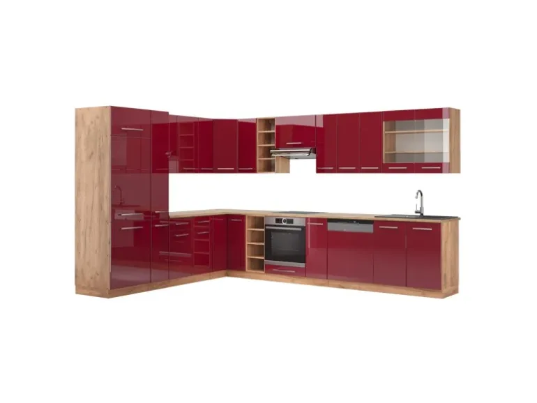 Vicco Fame-Line Eckküche Bordeaux Hochglanz/Goldkraft Eiche 347 x 257 cm AP Eiche ohne E-Geräte