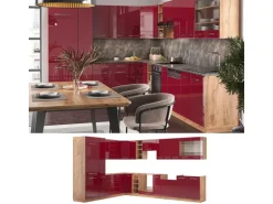 Vicco Fame-Line Eckküche Bordeaux Hochglanz/Goldkraft Eiche 347 x 257 cm ohne Arbeitsplatte ohne E-Geräte