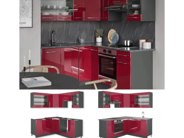 Vicco Fame-Line Eckküche Bordeaux Hochglanz/Anthrazit 160 x 190 cm AP Anthrazit ohne E-Geräte
