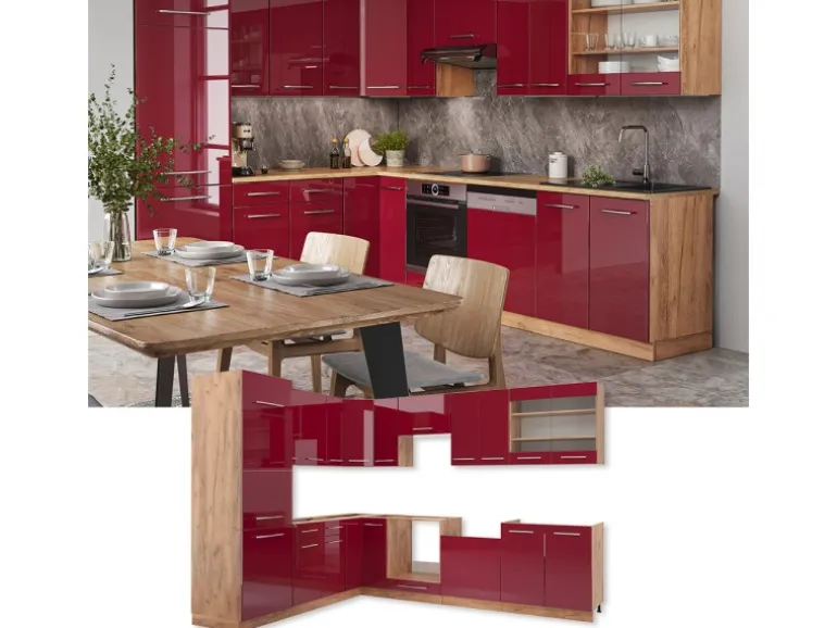 Vicco Fame-Line Eckküche Bordeaux Hochglanz/Goldkraft Eiche 227 x 287 cm AP Eiche ohne E-Geräte