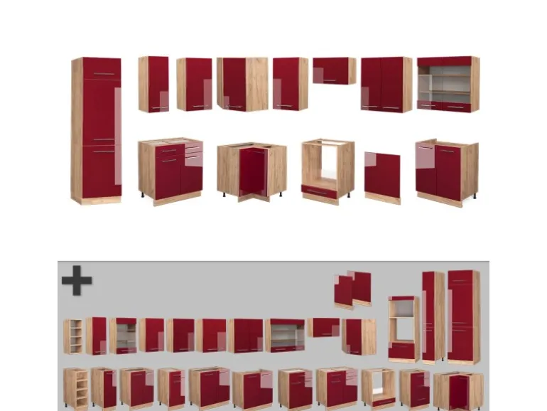Vicco Fame-Line Eckküche Bordeaux Hochglanz/Goldkraft Eiche 227 x 60 cm ohne Arbeitsplatte ohne E-Geräte