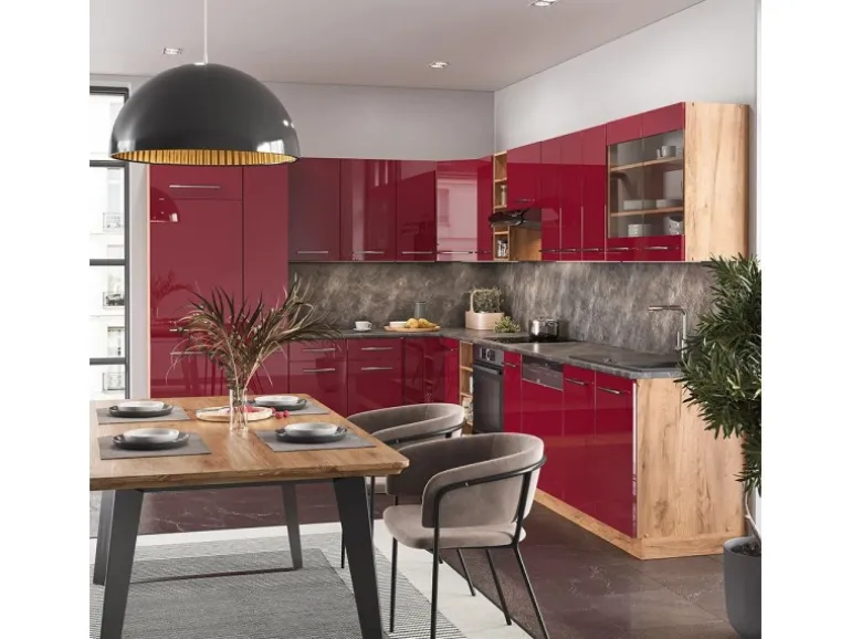 Vicco Fame-Line Eckküche Bordeaux Hochglanz/Goldkraft Eiche 347 x 257 cm AP Marmor ohne E-Geräte