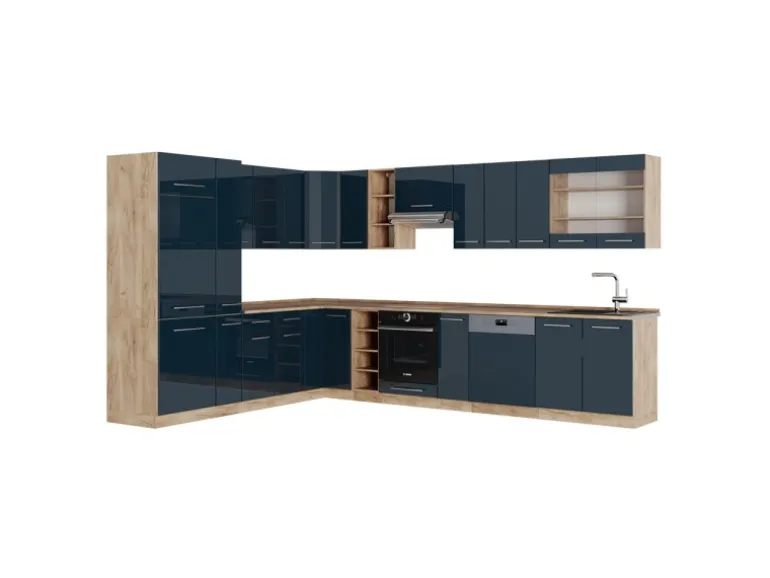 Vicco Fame-Line Eckküche Dunkelblau Hochglanz/Goldkraft Eiche 257 x 60 cm ohne Arbeitsplatte ohne E-Geräte