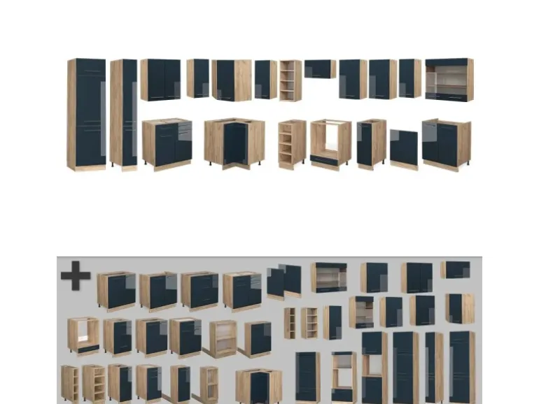 Vicco Fame-Line Eckküche Dunkelblau Hochglanz/Goldkraft Eiche 257 x 60 cm ohne Arbeitsplatte ohne E-Geräte