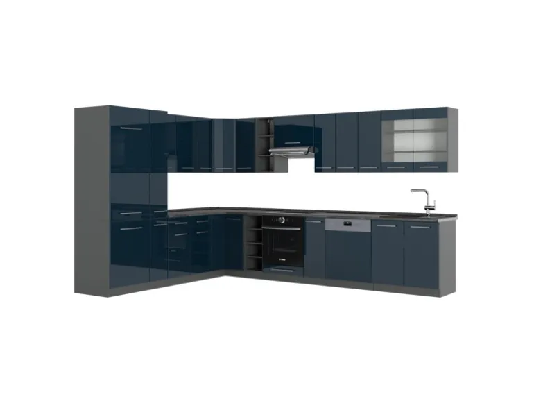 Vicco Fame-Line Eckküche Dunkelblau Hochglanz/Anthrazit 257 x 60 cm ohne Arbeitsplatte ohne E-Geräte
