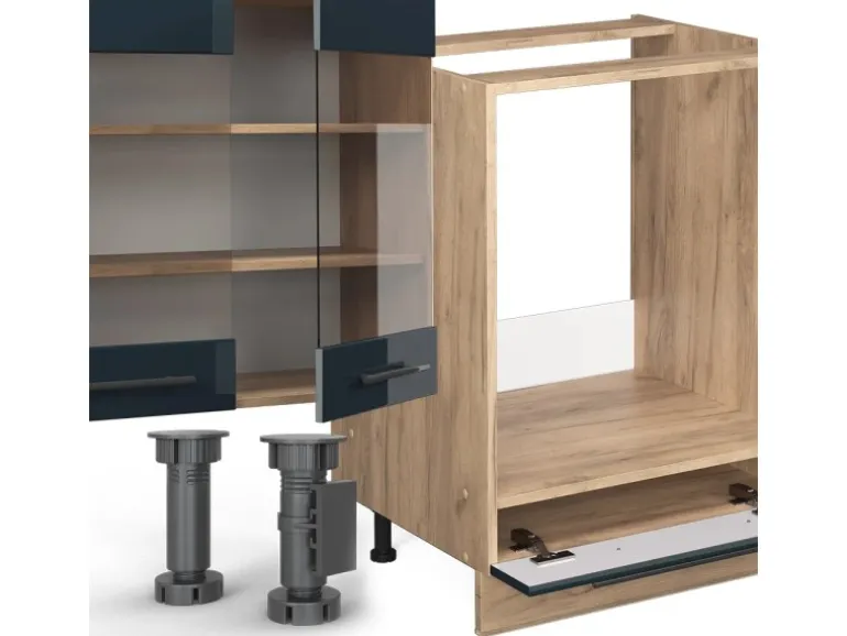 Vicco Fame-Line Eckküche Dunkelblau Hochglanz/Goldkraft Eiche 257 x 60 cm AP Eiche ohne E-Geräte