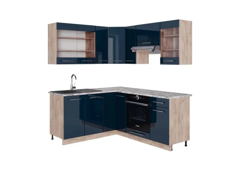 Vicco Fame-Line Eckküche Dunkelblau Hochglanz/Goldkraft Eiche 160 x 190 cm AP Marmor ohne E-Geräte