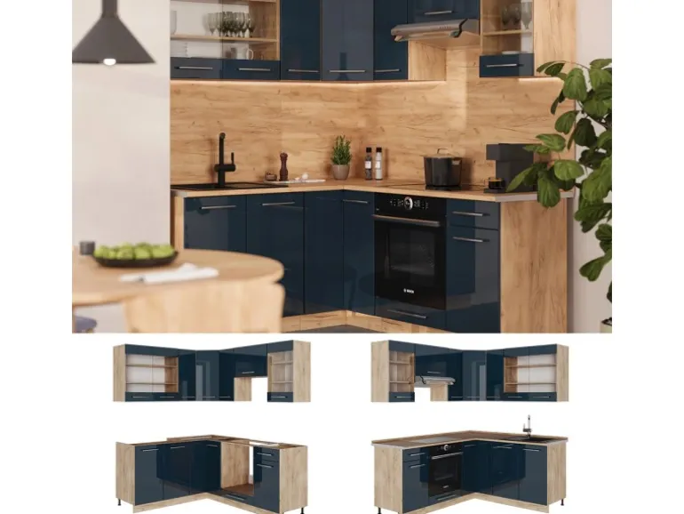 Vicco Fame-Line Eckküche Dunkelblau Hochglanz/Goldkraft Eiche 160 x 190 cm AP Marmor ohne E-Geräte