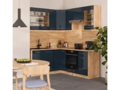 Vicco Fame-Line Eckküche Dunkelblau Hochglanz/Goldkraft Eiche 160 x 190 cm AP Marmor ohne E-Geräte