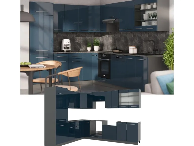 Vicco Fame-Line Eckküche Dunkelblau Hochglanz/Anthrazit 227 x 60 cm ohne Arbeitsplatte ohne E-Geräte