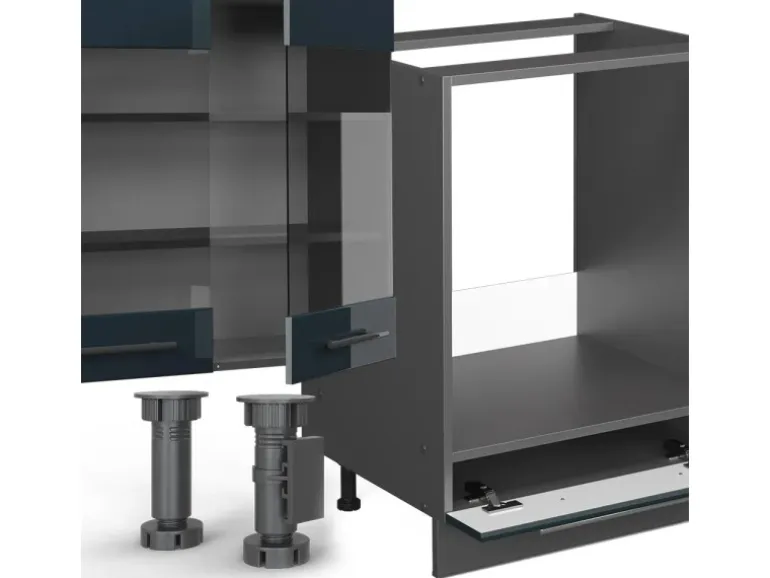 Vicco Fame-Line Eckküche Dunkelblau Hochglanz/Anthrazit 257 x 60 cm AP Marmor ohne E-Geräte