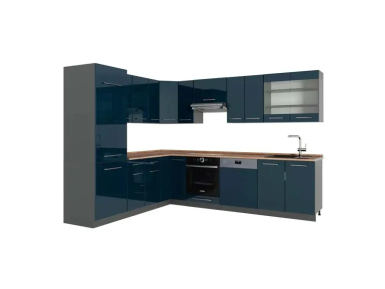 Vicco Fame-Line Eckküche Dunkelblau Hochglanz/Anthrazit 227 x 287 cm AP Eiche ohne E-Geräte