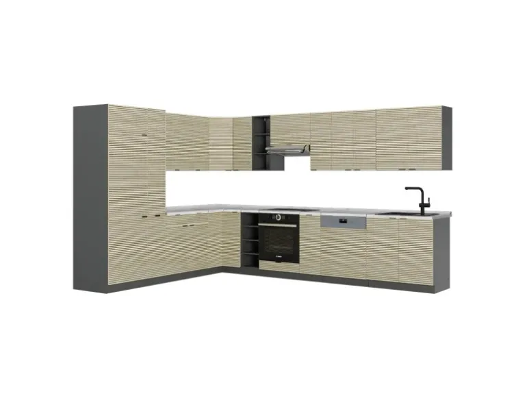 Vicco Fame-Line Eckküche Eiche Paneel/Anthrazit 347 x 257 cm AP Marmor ohne E-Geräte