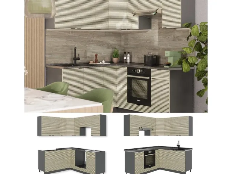 Vicco Fame-Line Eckküche Eiche Paneel/Anthrazit 160 x 190 cm AP Marmor ohne E-Geräte