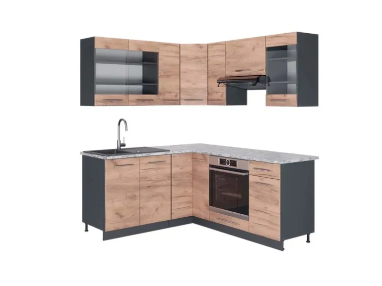 Vicco Fame-Line Eckküche Goldkraft Eiche/Anthrazit 160 x 190 cm AP Marmor ohne E-Geräte