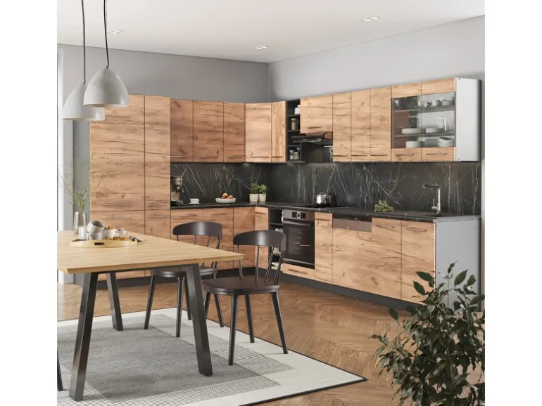 Vicco Fame-Line Eckküche Goldkraft Eiche/Anthrazit 347 x 257 cm AP Marmor ohne E-Geräte