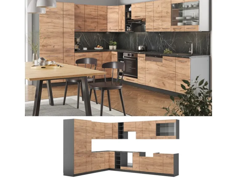 Vicco Fame-Line Eckküche Goldkraft Eiche/Anthrazit 347 x 257 cm ohne Arbeitsplatte ohne E-Geräte