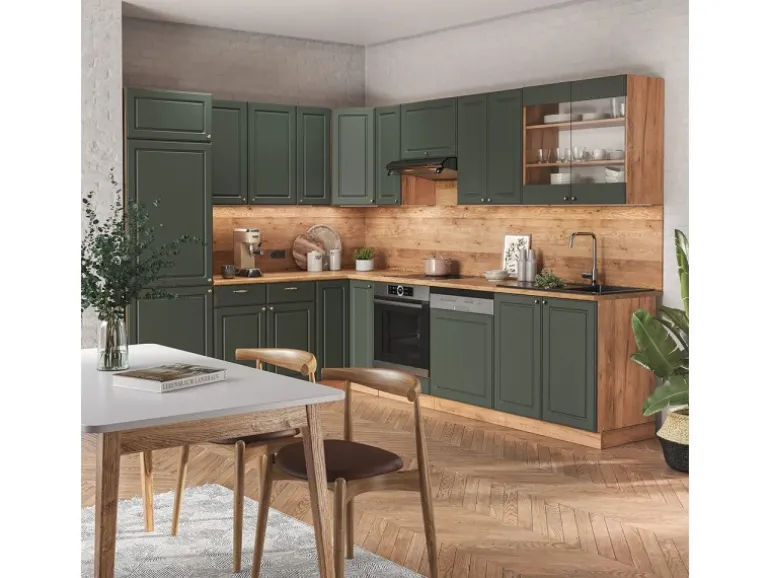 Vicco Fame-Line Eckküche Grün-Gold Landhaus/Goldkraft Eiche 227 x 60 cm ohne Arbeitsplatte ohne E-Geräte