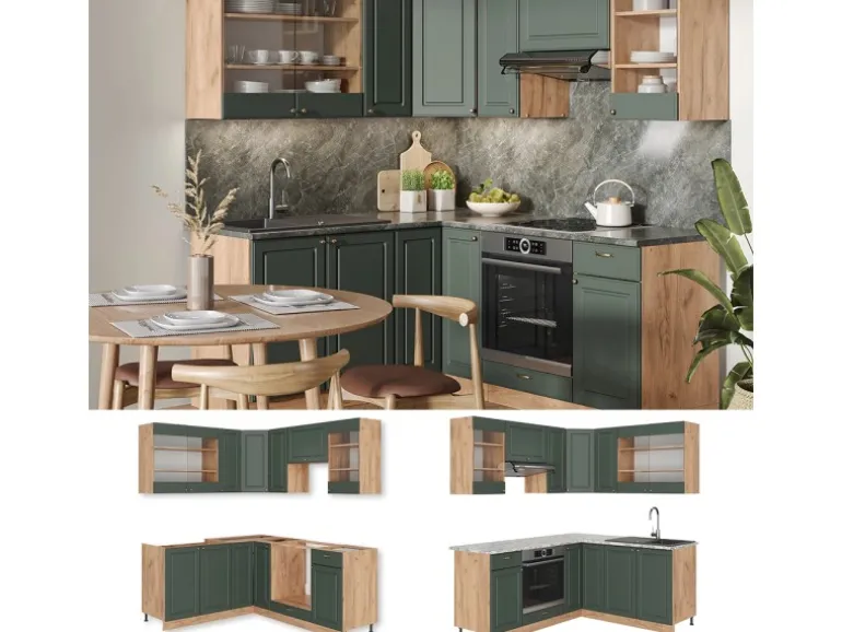 Vicco Fame-Line Eckküche Grün-Gold Landhaus/Goldkraft Eiche 160 x 190 cm AP Marmor ohne E-Geräte