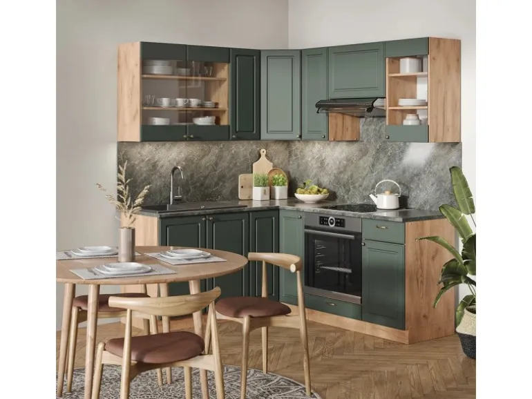 Vicco Fame-Line Eckküche Grün-Gold Landhaus/Goldkraft Eiche 160 x 190 cm AP Marmor ohne E-Geräte