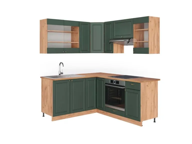 Vicco Fame-Line Eckküche Grün-Gold Landhaus/Goldkraft Eiche 160 x 190 cm AP Eiche ohne E-Geräte