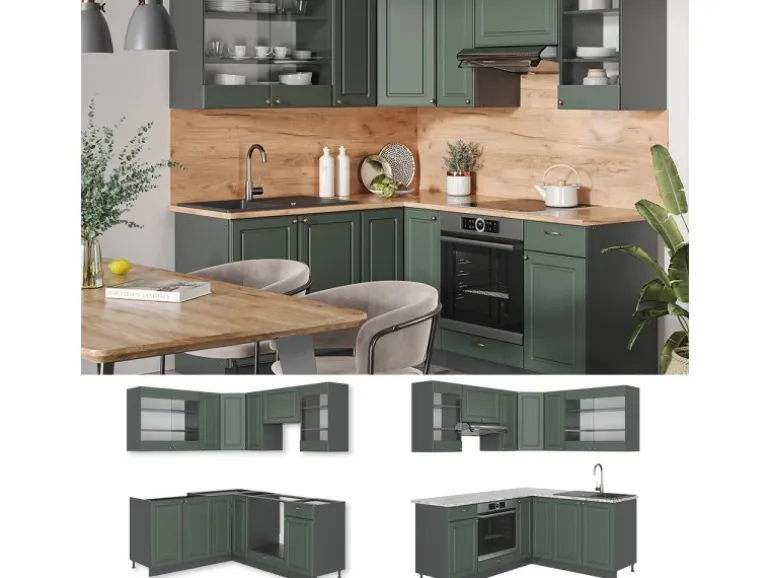 Vicco Fame-Line Eckküche Grün-Gold Landhaus/Anthrazit 160 x 190 cm AP Anthrazit ohne E-Geräte