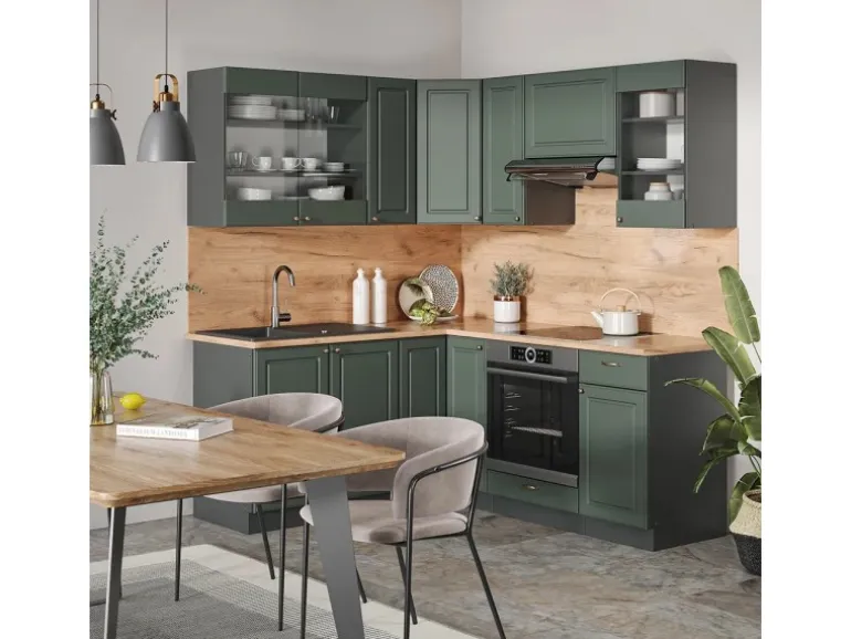 Vicco Fame-Line Eckküche Grün-Gold Landhaus/Anthrazit 160 x 190 cm AP Anthrazit ohne E-Geräte