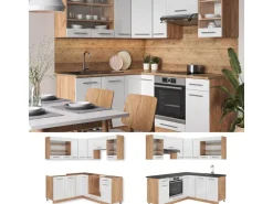 Vicco Fame-Line Eckküche Weiß Hochglanz/Goldkraft Eiche 160 x 190 cm AP Eiche ohne E-Geräte