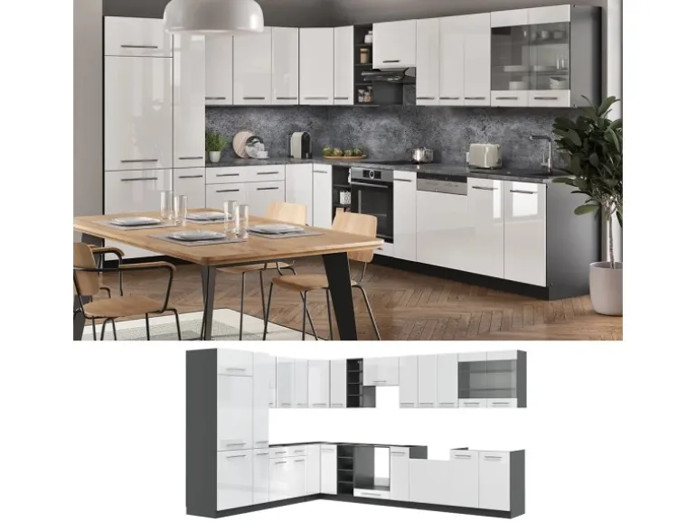 Vicco Fame-Line Eckküche Weiß Hochglanz/Anthrazit 347 x 257 cm AP Eiche ohne E-Geräte