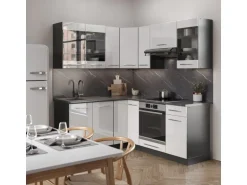 Vicco Fame-Line Eckküche Weiß Hochglanz/Anthrazit 160 x 190 cm AP Marmor ohne E-Geräte