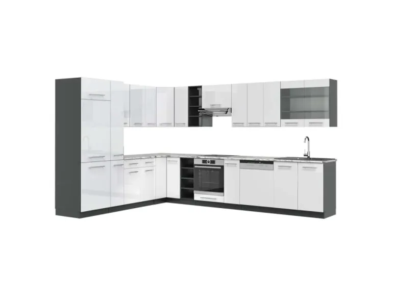Vicco Fame-Line Eckküche Weiß Hochglanz/Anthrazit 347 x 257 cm AP Marmor ohne E-Geräte