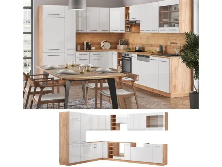 Vicco Fame-Line Eckküche Weiß Hochglanz/Goldkraft Eiche 347 x 257 cm ohne Arbeitsplatte ohne E-Geräte