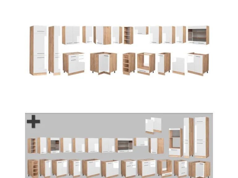 Vicco Fame-Line Eckküche Weiß Hochglanz/Goldkraft Eiche 347 x 257 cm ohne Arbeitsplatte ohne E-Geräte