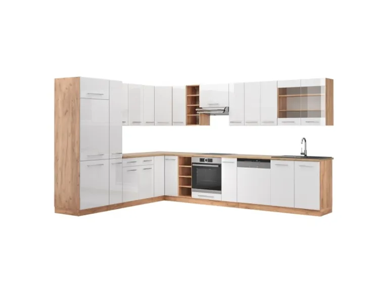 Vicco Fame-Line Eckküche Weiß Hochglanz/Goldkraft Eiche 347 x 257 cm AP Eiche ohne E-Geräte
