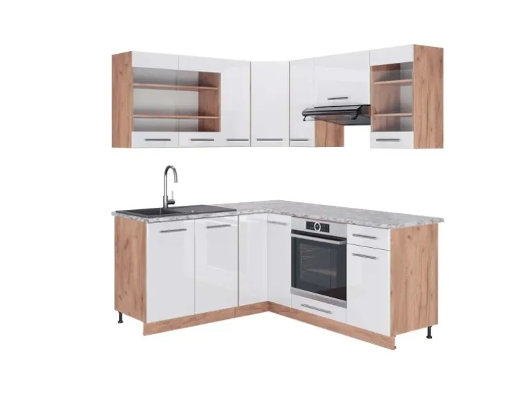 Vicco Fame-Line Eckküche Weiß Hochglanz/Goldkraft Eiche 160 x 190 cm AP Marmor ohne E-Geräte