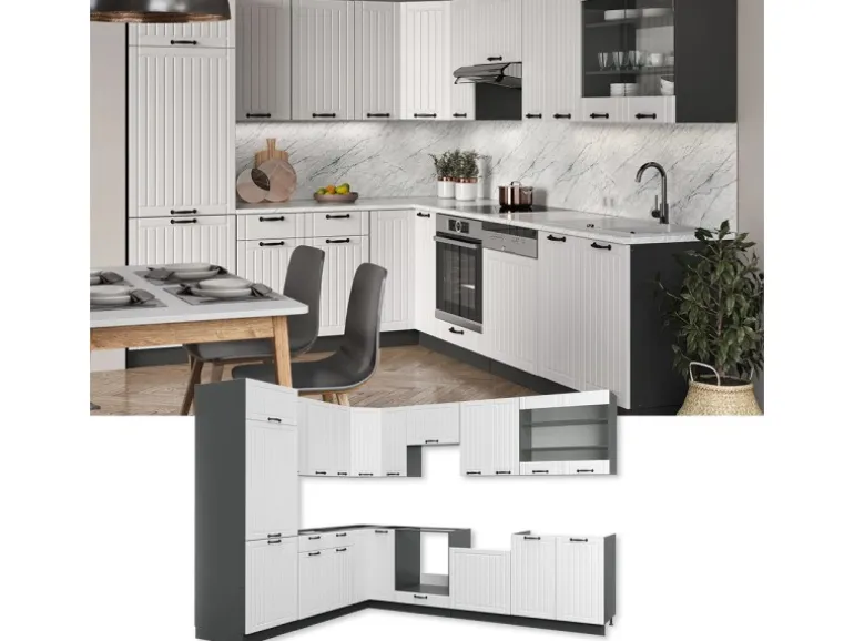 Vicco Fame-Line Eckküche Weiß Landhaus/Anthrazit 227 x 60 cm ohne Arbeitsplatte ohne E-Geräte