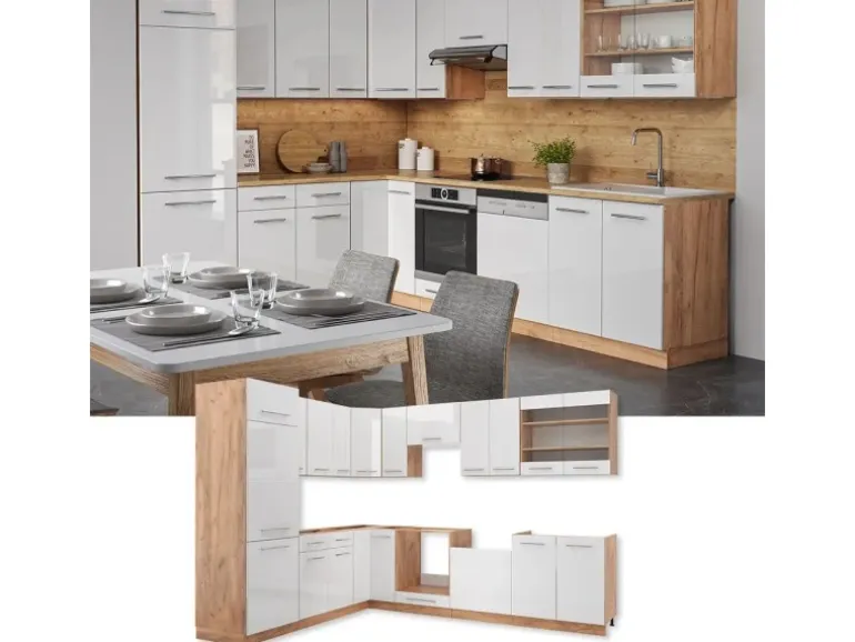 Vicco Fame-Line Eckküche Weiß Hochglanz/Goldkraft Eiche 227 x 60 cm ohne Arbeitsplatte ohne E-Geräte