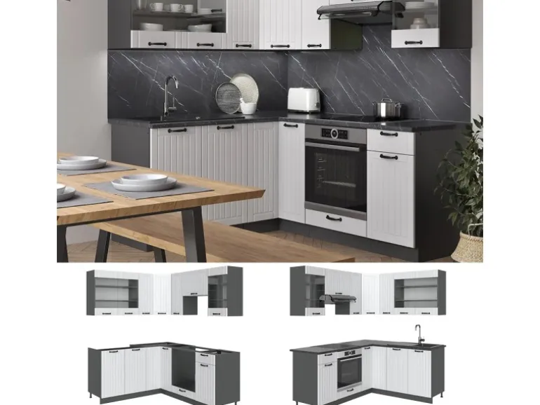 Vicco Fame-Line Eckküche Weiß Landhaus/Anthrazit 160 x 190 cm AP Anthrazit ohne E-Geräte