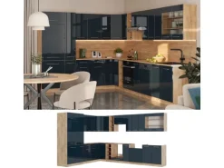 Vicco Fame-Line Einbauküche Dunkelblau Hochglanz/Goldkraft Eiche 257 x 60 cm AP Anthrazit ohne E-Geräte