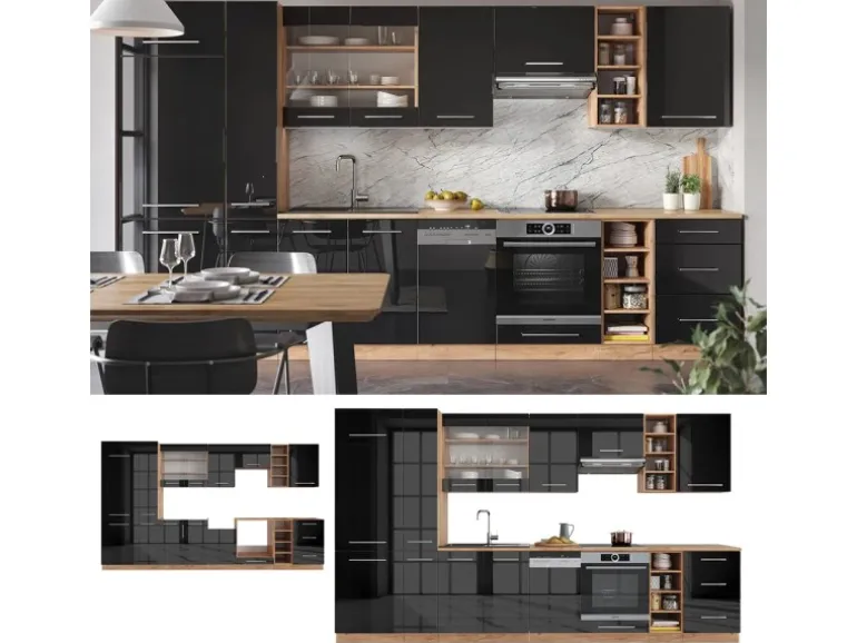Vicco Fame-Line Küchenschränke Anthrazit Hochglanz/Goldkraft Eiche 355 cm ohne Arbeitsplatte ohne E-Geräte