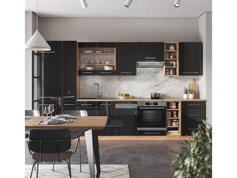 Vicco Fame-Line Küchenschränke Anthrazit Hochglanz/Goldkraft Eiche 355 cm ohne Arbeitsplatte ohne E-Geräte