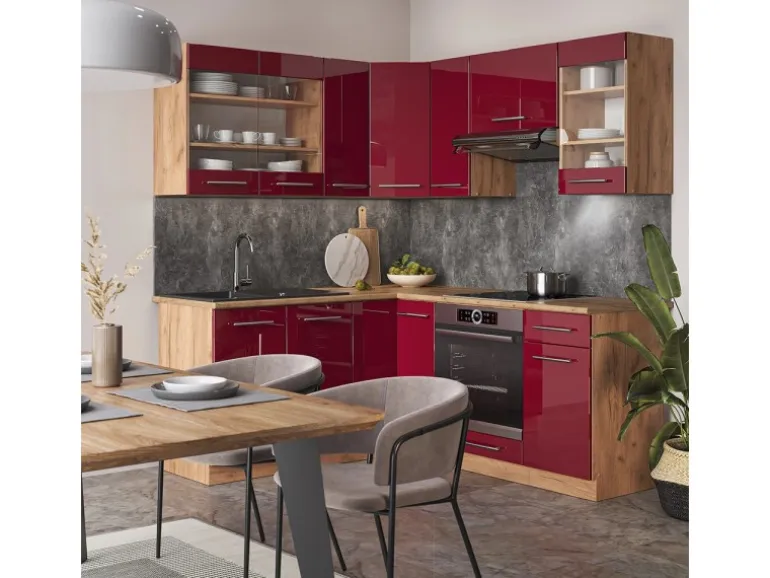 Vicco Fame-Line Küchenschränke Bordeaux Hochglanz/Goldkraft Eiche 160 x 190 cm AP Marmor ohne E-Geräte