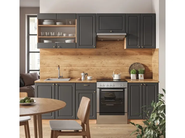 Vicco Fame-Line Küchenschränke Anthrazit Landhaus/Goldkraft Eiche 240 cm AP Eiche ohne E-Geräte